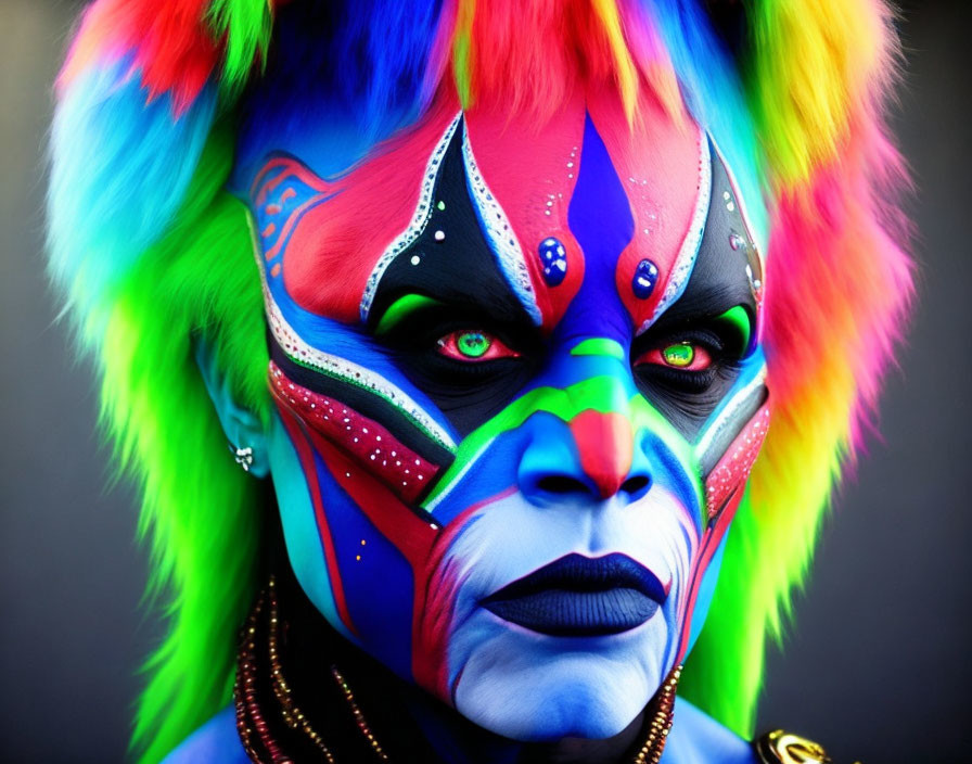 Colorful Face Paint and Dramatic Makeup with Rainbow Wig