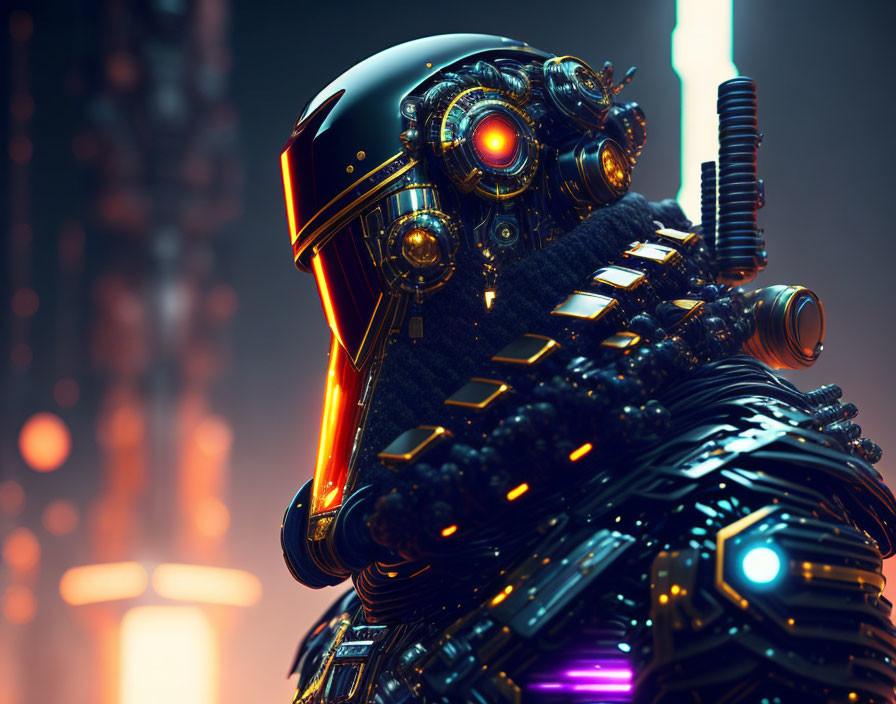 Futuristic robot with glowing orange eyes in neon-lit setting