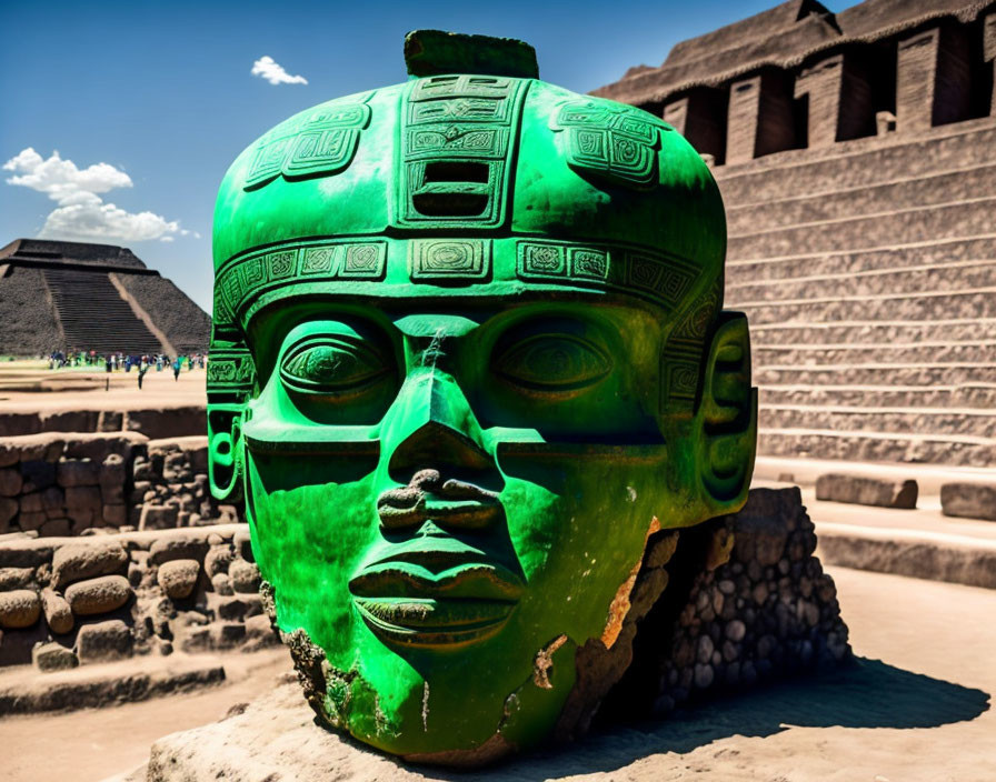 Intricate Green Stone Head Sculpture with Pyramid Background