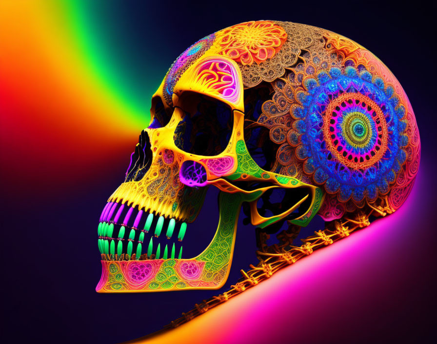 Colorful Skull with Intricate Designs on Dark Background