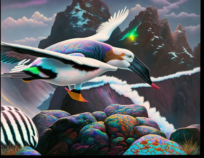 Colorful surreal illustration: Flying pelican over fantastical landscape