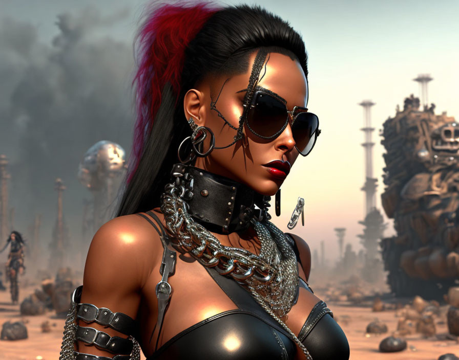 Futuristic warrior woman with red mohawk in metallic armor on desolate battlefield