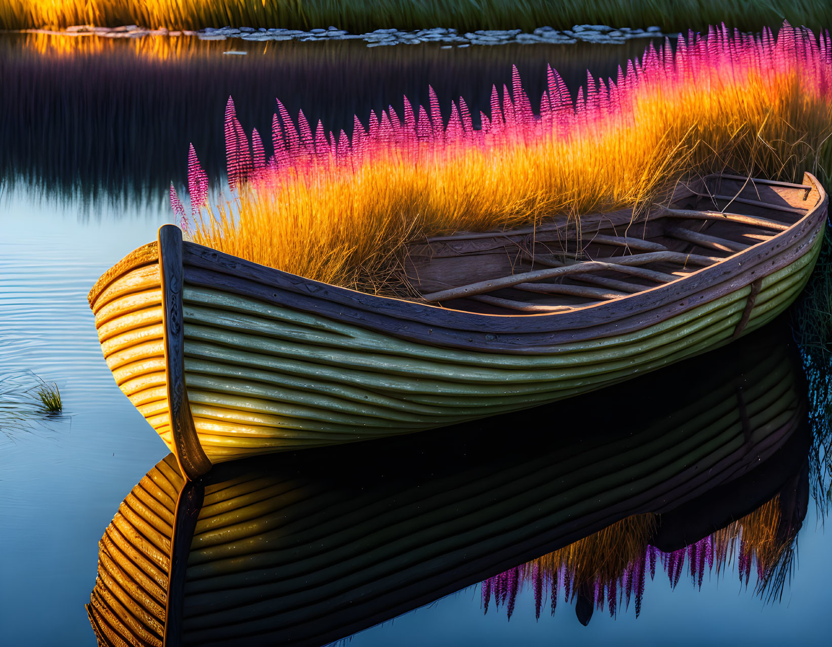 Wooden Rowboat Reflecting Pink-Tipped Reeds at Twilight