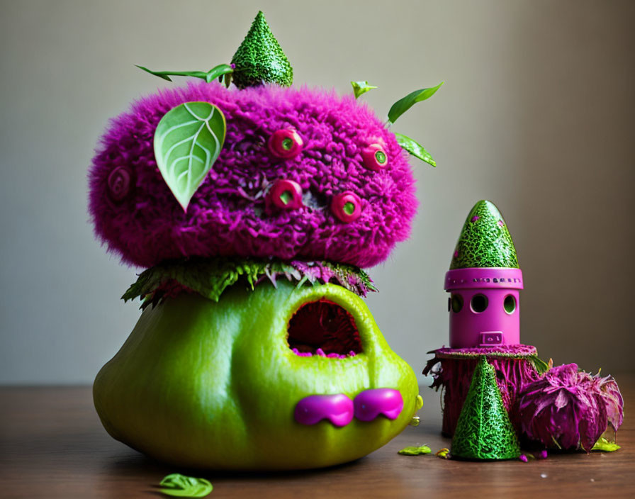 Colorful Still Life with Purple Fuzzy Creature, Green Fruit, Small Figure, and Pink Object
