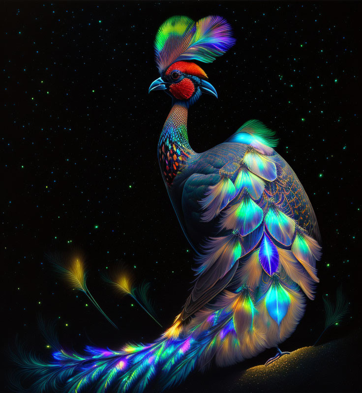 Colorful digital artwork of a neon peacock on dark background