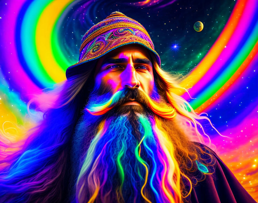 Colorful Psychedelic Portrait of Man with Long Beard and Cosmic Backgrounds