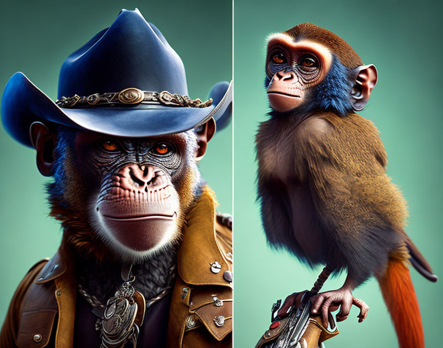 Digitally altered image: Cowboy monkey with hat and gun-wielding monkey on teal background