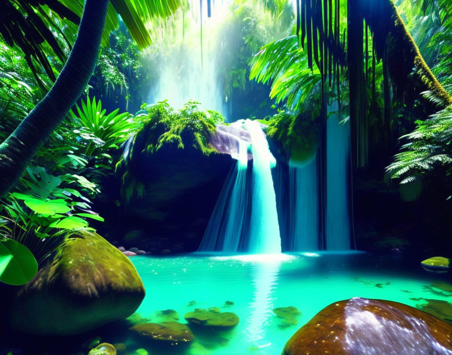 Tranquil waterfall flowing into turquoise pool amid lush greenery