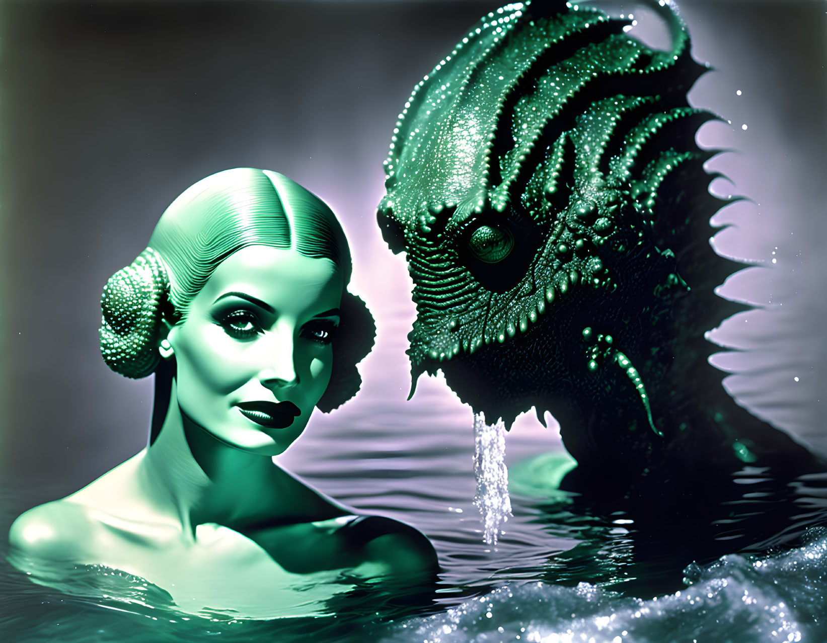 Stylized image: Woman and sea creature in moody green water