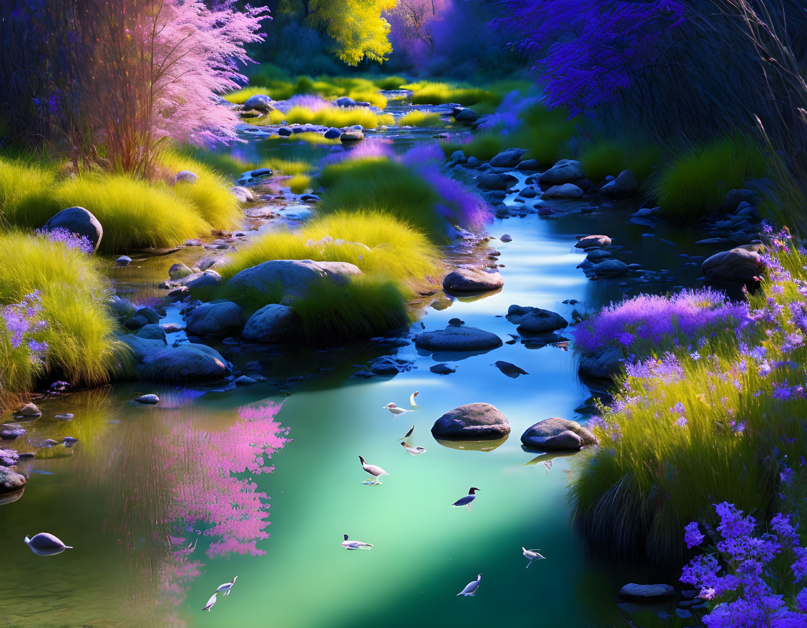 Colorful River Scene with Mossy Rocks and Floating Leaves