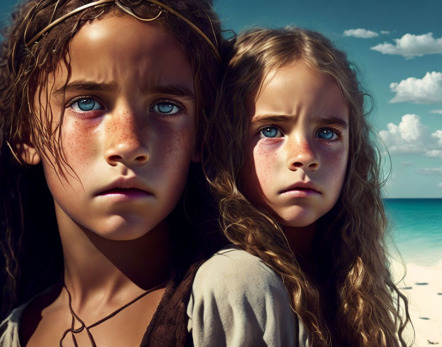 Young girls with expressive eyes and freckles against blue sky and sea