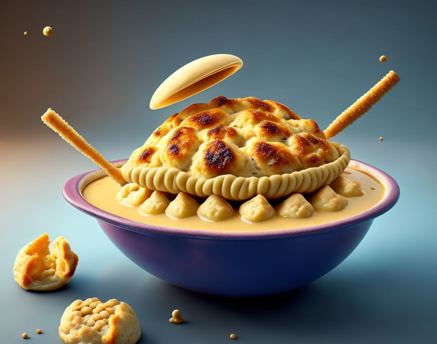 Clam-shaped savory pie in blue bowl with biscuit crumbs
