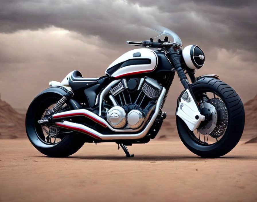 White and Black Futuristic Custom Motorcycle in Desert Landscape