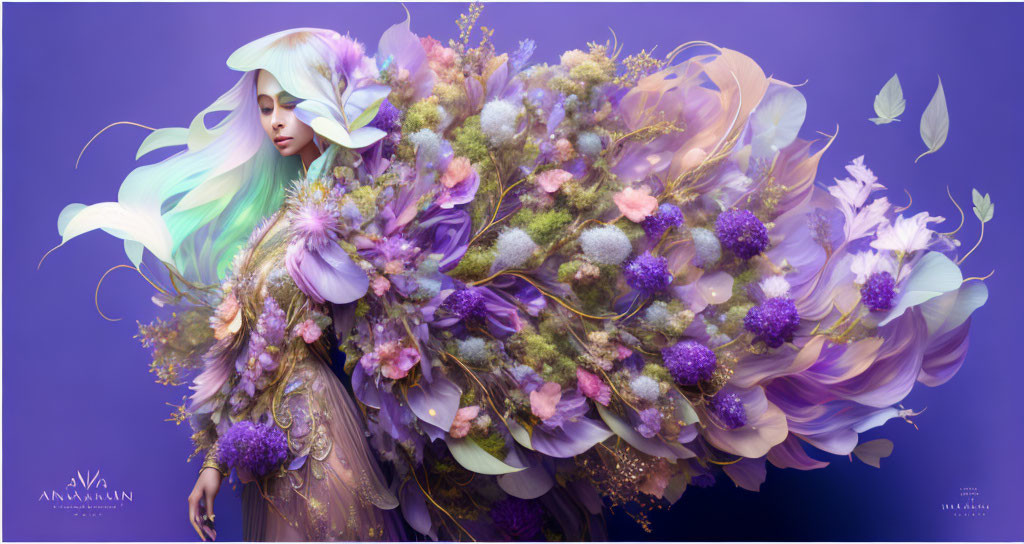 Pastel Multicolored Hair Fantasy Figure with Floral Bouquet on Purple Background