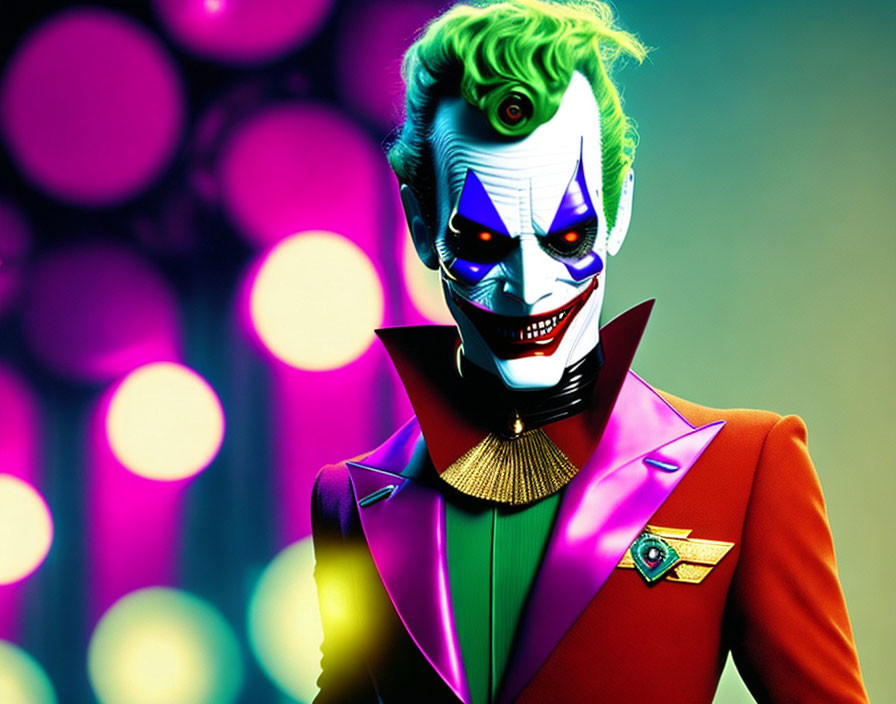 Character with Green Hair and Purple Suit in Clown Makeup