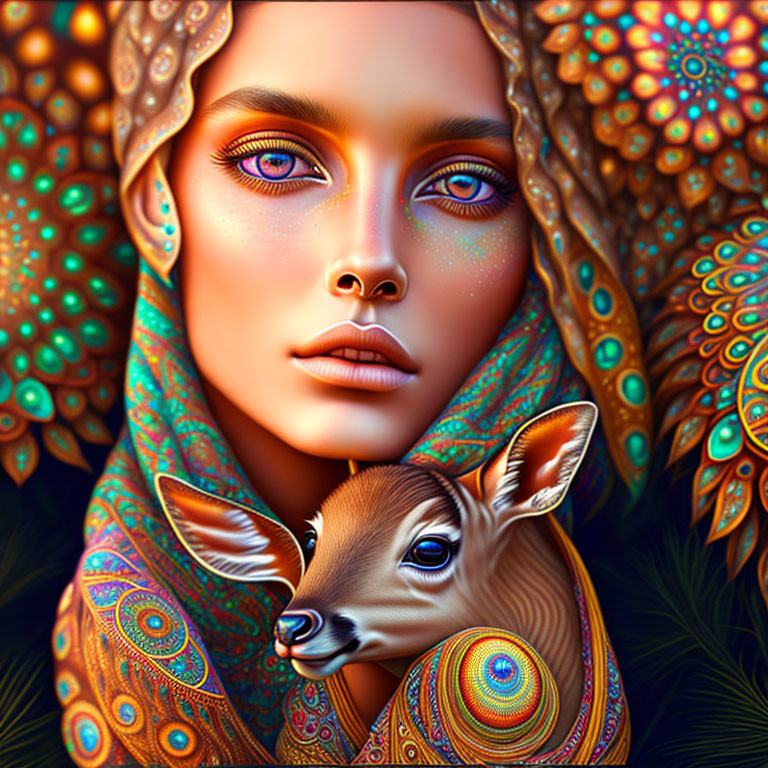 Blue-eyed woman and fawn on vibrant scarf background