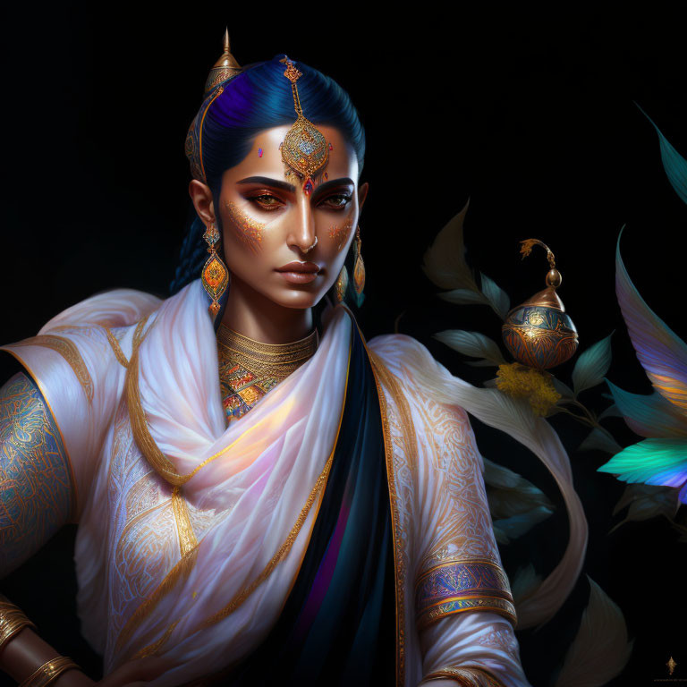 Regal figure in gold jewelry and sari with butterflies on dark background