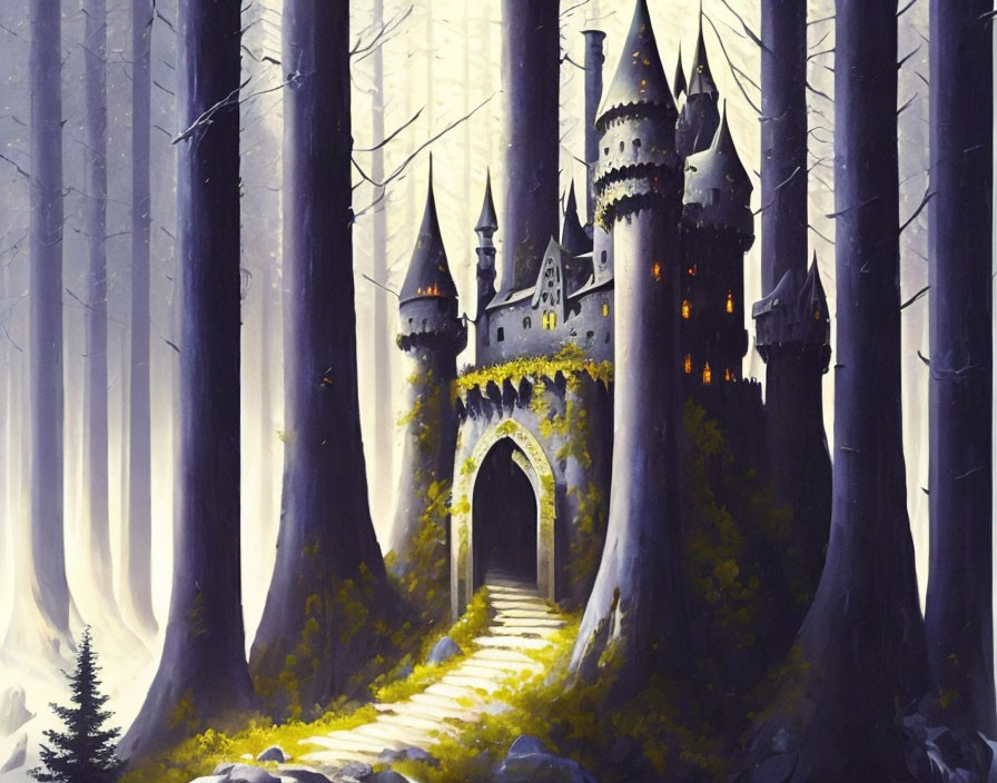 Enchanting castle with tall spires in misty forest