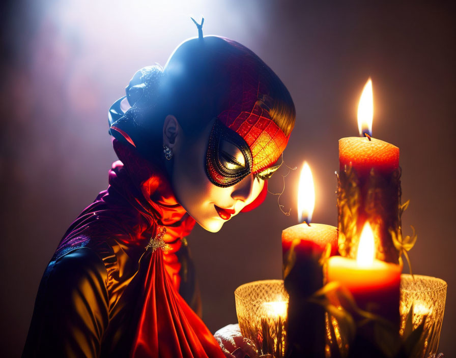 Mysterious Figure in Ornate Mask and Red Attire Amid Lit Candles