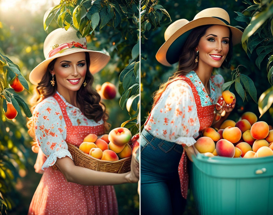 Smiling woman picking peaches in orchard with straw hat and baskets