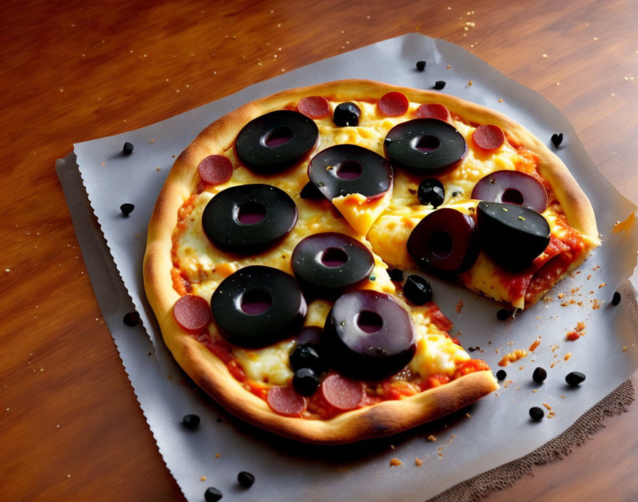 Pepperoni and Olive Pizza with Melted Cheese on Wooden Table