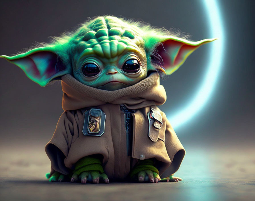 Detailed Illustration: Character Resembling Baby Yoda in Brown Robe