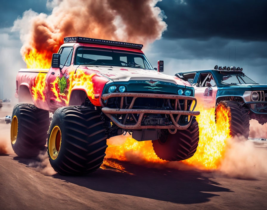 Monster truck with large flaming tires on dusty track under dramatic skies