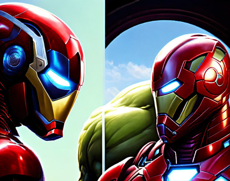 Detailed Iron Man helmet in vibrant colors, facing green character off-screen