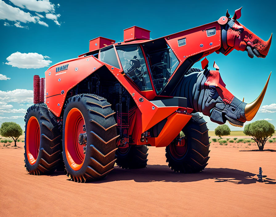 Red tractor with rhino horn design in desert landscape