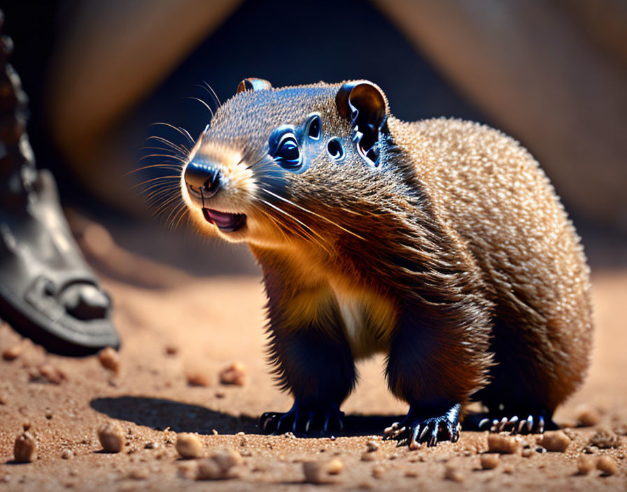 Brown-furred rodent with black eyes and tiny ears on dusty ground.