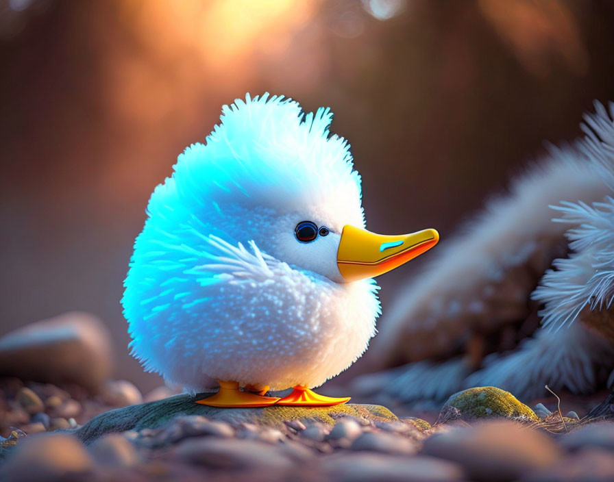 White Duckling with Blue Back Among Pebbles in Sunlight