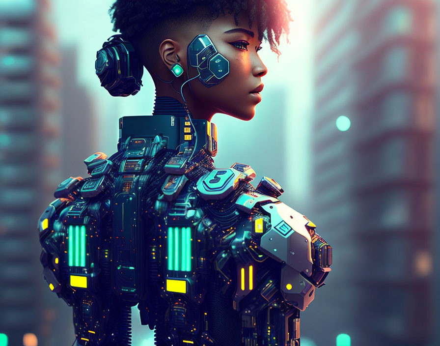 Female cyborg in mechanical suit with headphones against urban backdrop