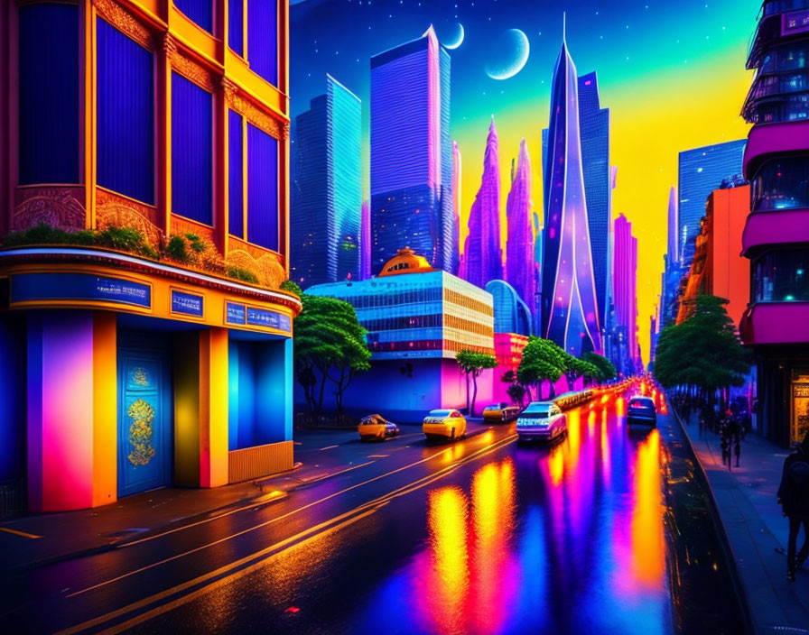 Modern cityscape at dusk with neon-lit skyscrapers, crescent moon, and busy streets