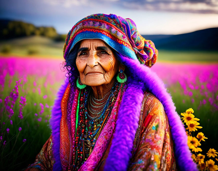 Elderly woman in traditional attire among purple flowers