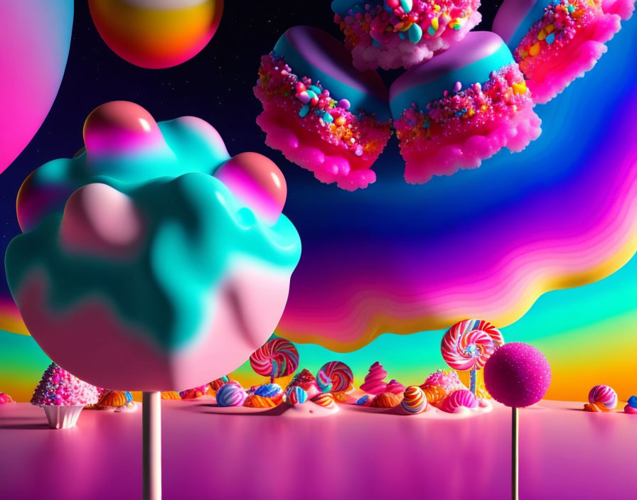 Colorful Candy Trees in Whimsical Landscape: Floating Islands and Rainbow Sky