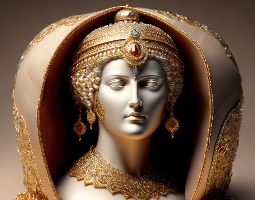 Detailed Indian jewelry sculpture of woman's head on beige background