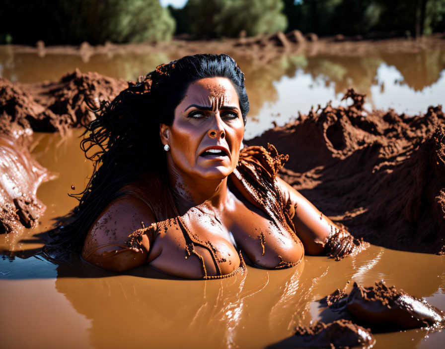 Dark-Haired Woman Covered in Mud Stares Intensely in Muddy Pool