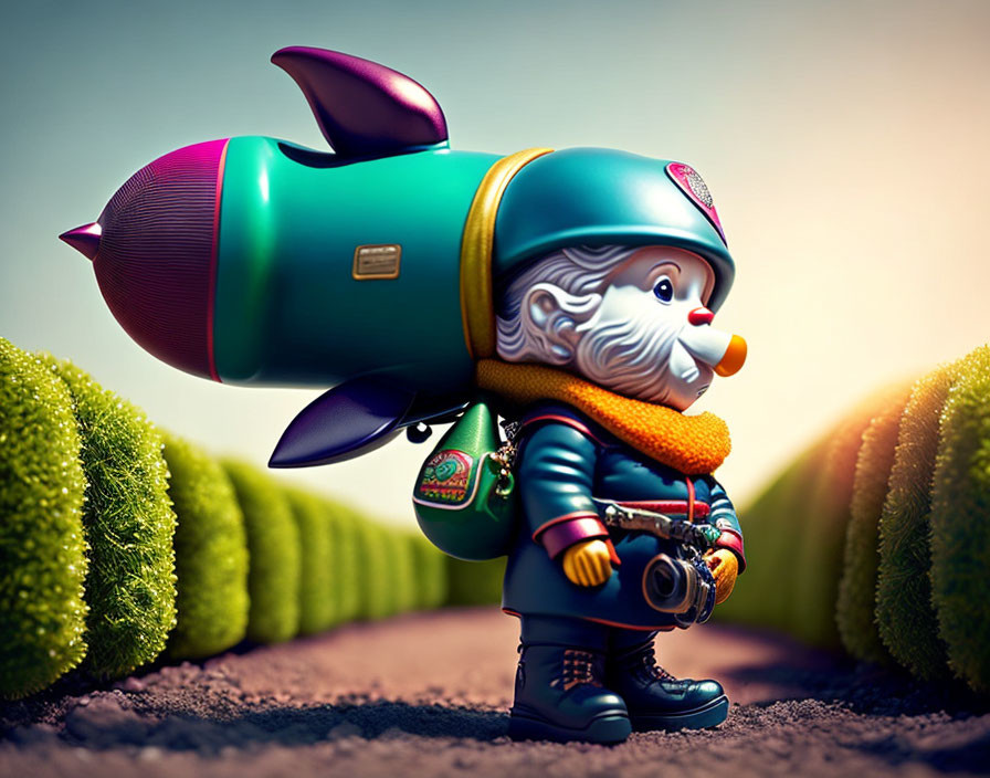 Whimsical gnome with rocket backpack and camera in magical garden