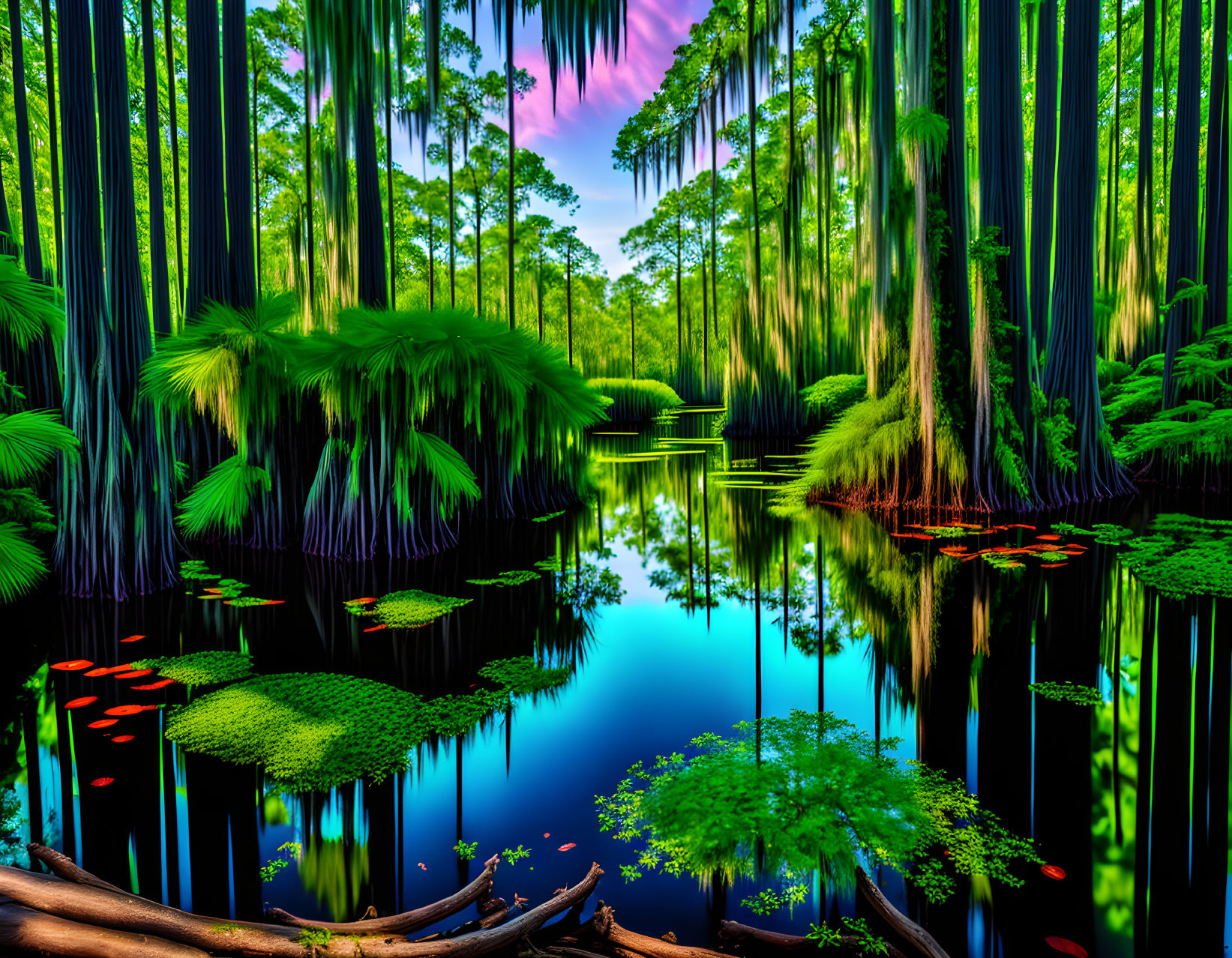 Lush green trees in vibrant swamp with calm blue water and pink sky