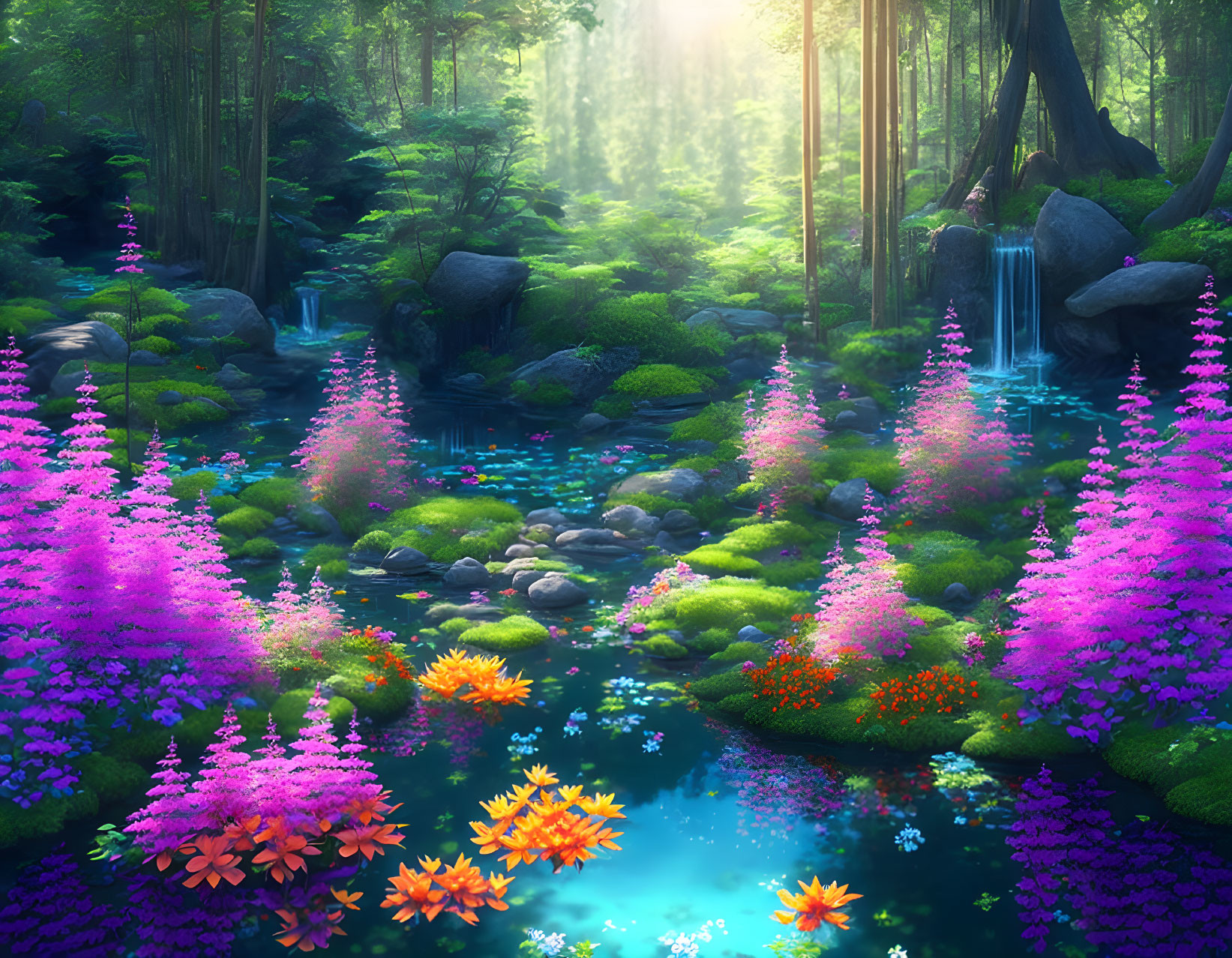 Vibrant purple and orange flowers in enchanted forest with blue pond, moss-covered rocks, and small