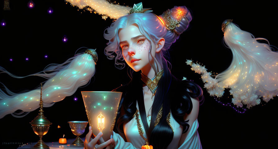 Ethereal woman with white hair and glowing chalice in fantasy illustration