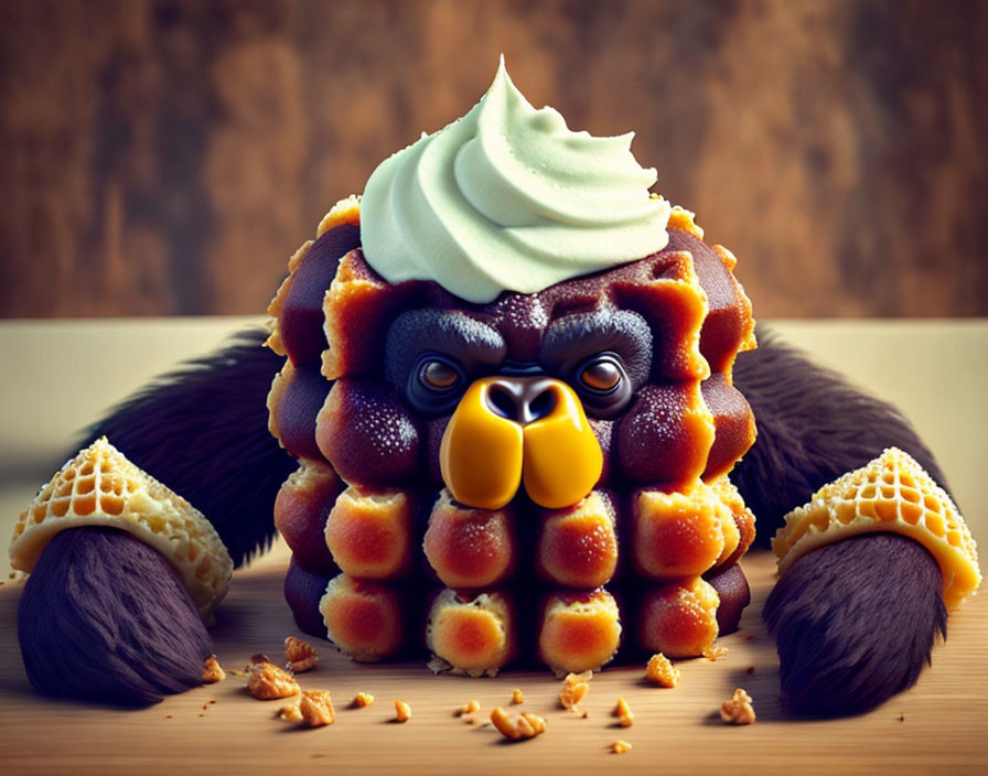 Gorilla-themed dessert with waffle body and chocolate accents