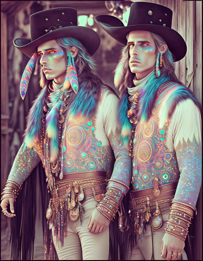 Fantasy-inspired cowboy attire with vibrant makeup and feathers.