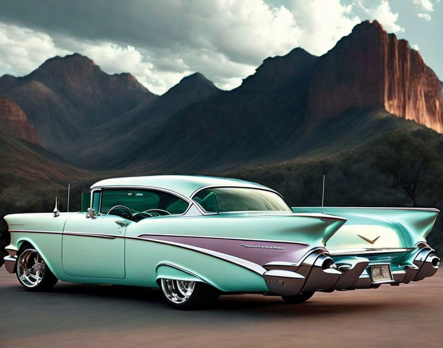 Classic Turquoise and White Car with Tailfins in Desert Mountain Setting