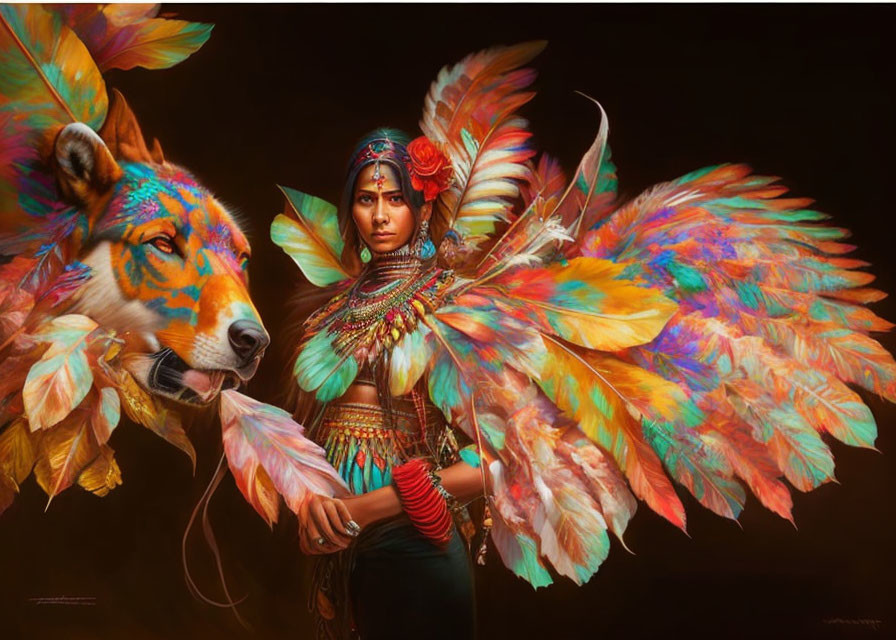 Elaborately dressed figure with vibrant wings next to painted wolf