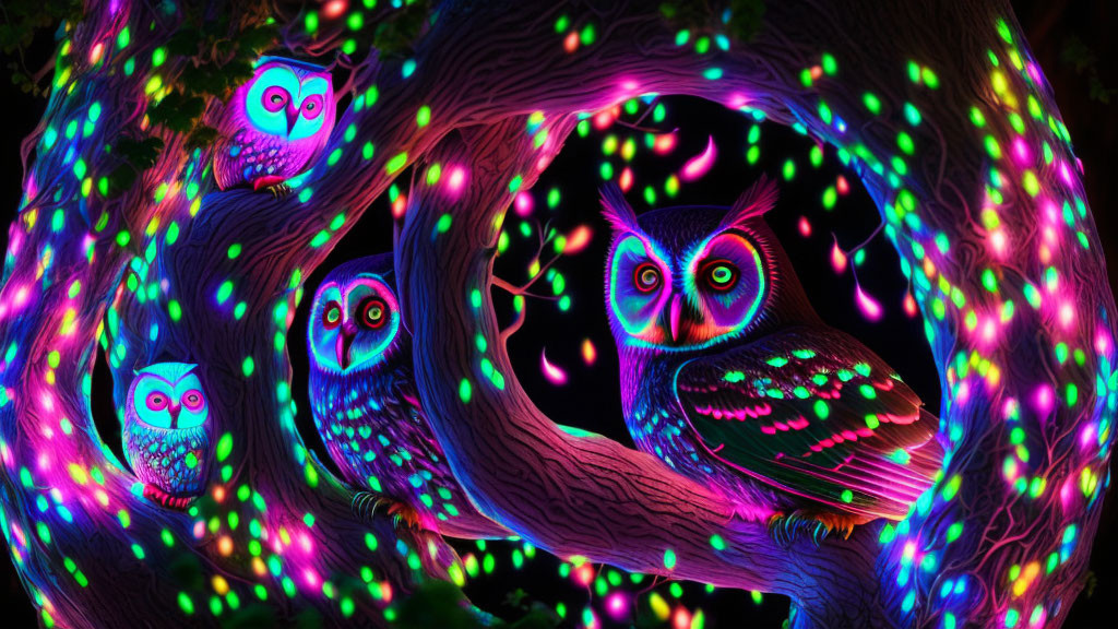 Colorful Psychedelic Owl Art in Neon-Lit Tree Hollow