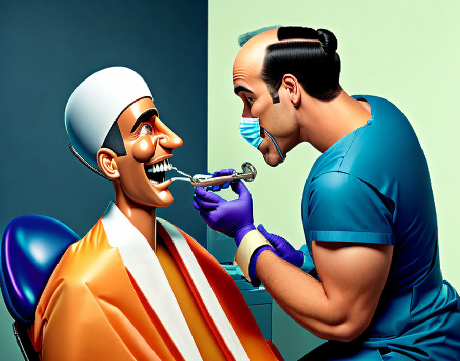 Vibrant caricature of dentist with oversized tools