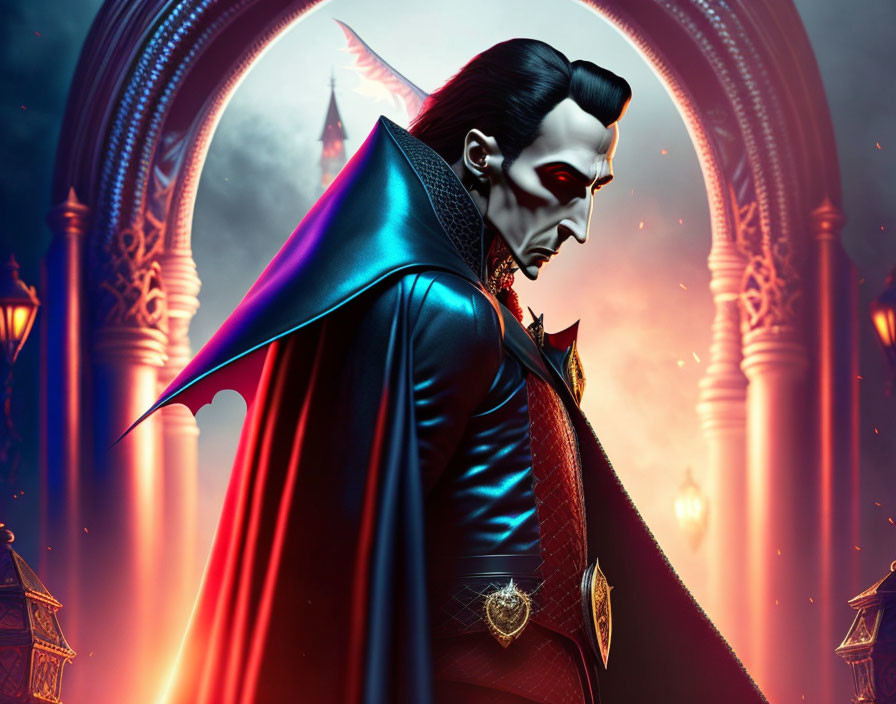 Illustration of vampire in red and black cape with widow's peak, under gothic archway.