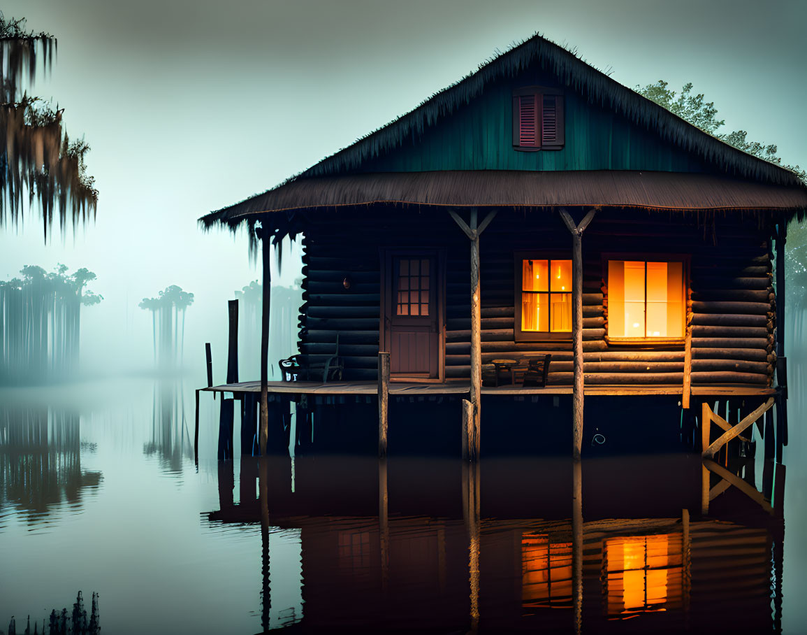 Stilted log cabin over tranquil lake with warm glowing lights, misty twilight setting.