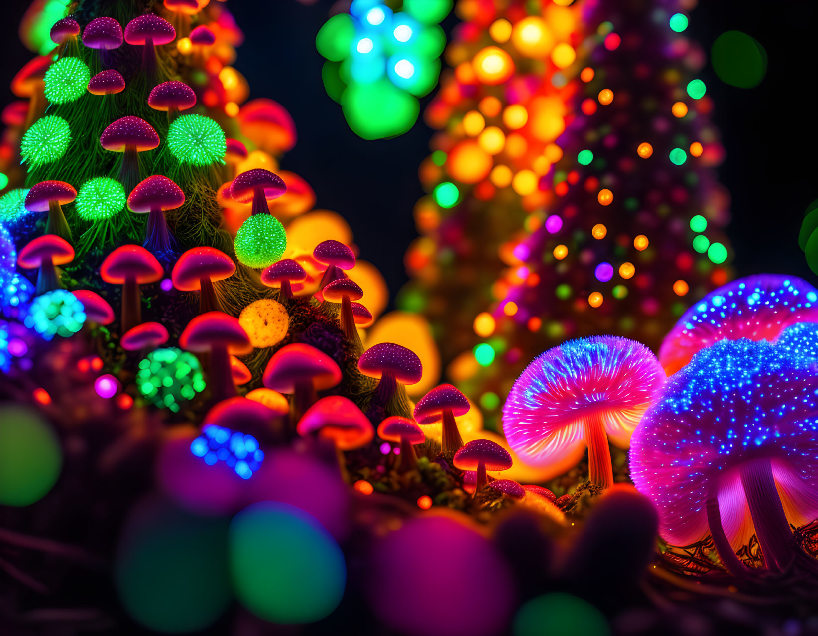 Colorful Illuminated Artificial Mushrooms on Dark Background